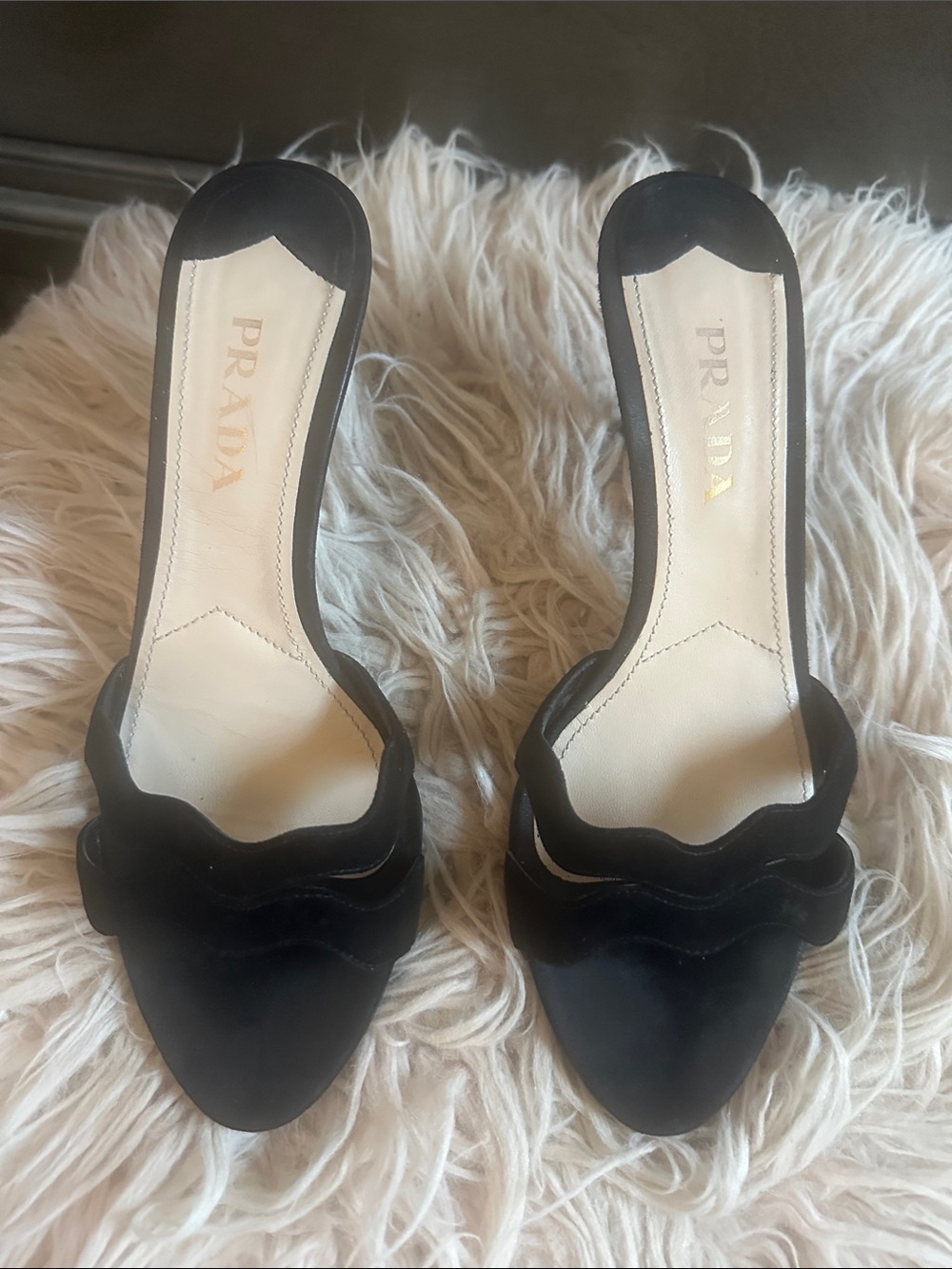Prada Black Suede Scalloped Open-Toe Mules